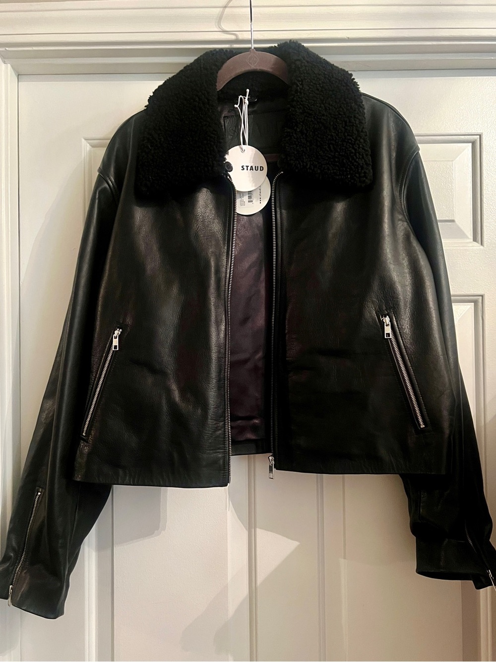 STAUD Black Leather Bomber Jacket with Shearling Collar